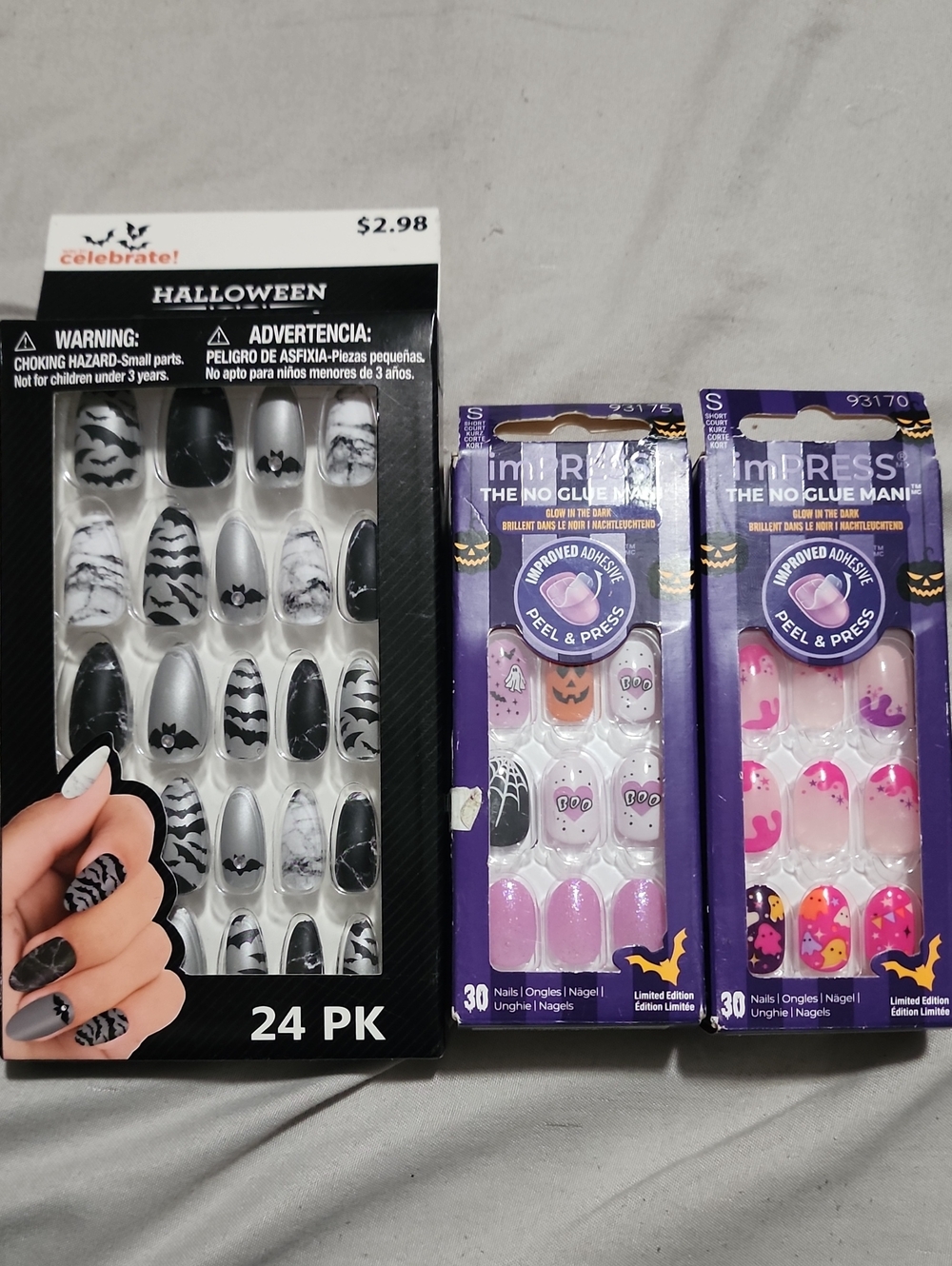 3 Halloween Press-On Nail Sets - Black White Marble & Purple Pink Designs